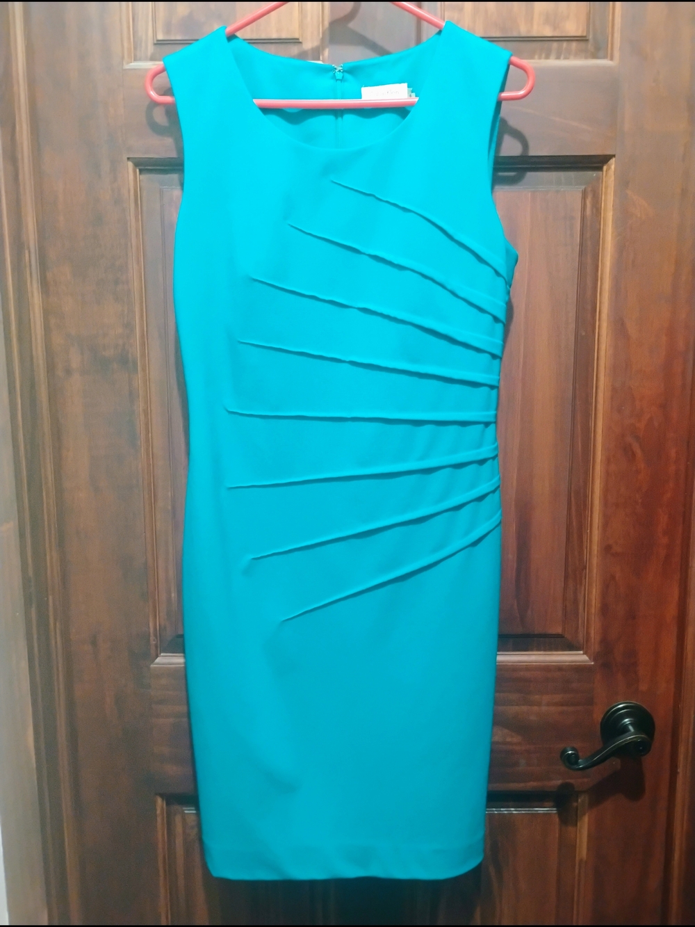 Calvin Klein Teal Sleeveless Sheath Dress with Asymmetric Pleats